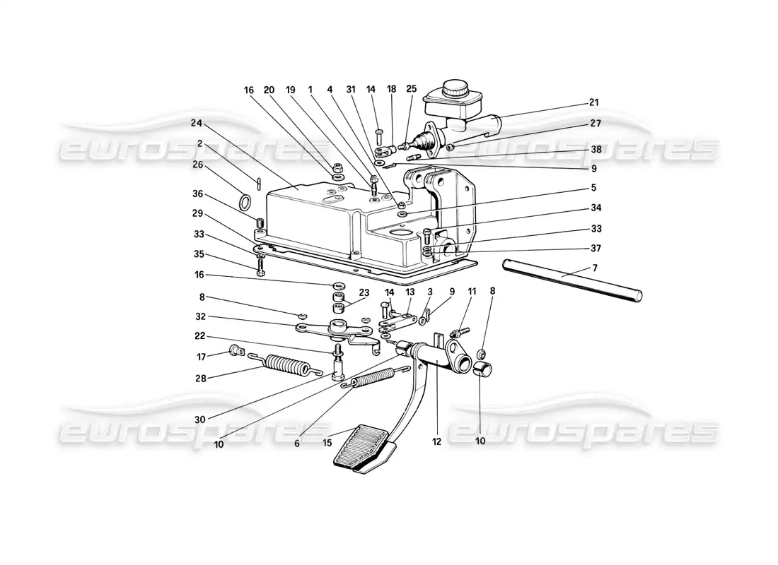 ferrari mondial 8 (1981) tablero de pedales - control del embrague (variantes para versiones con volante a la derecha) diagrama de piezas