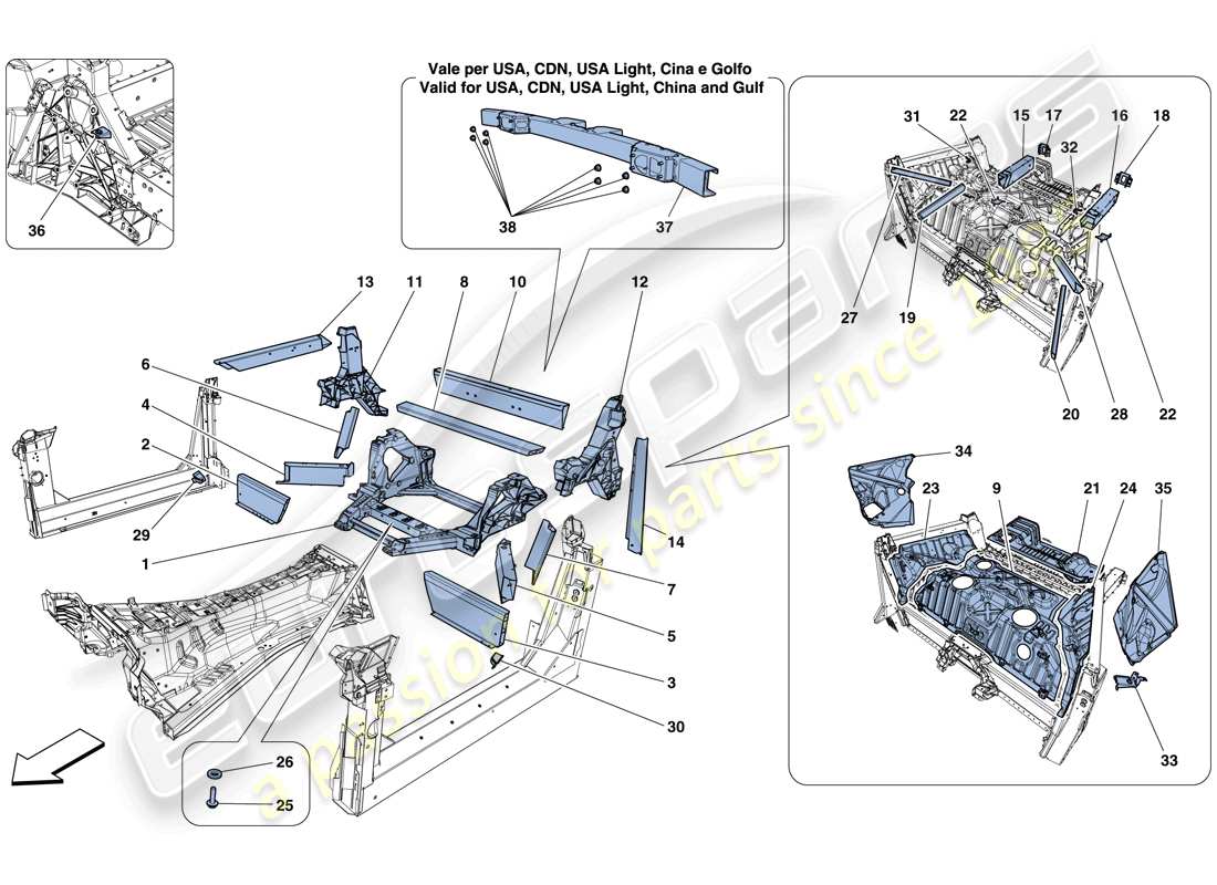 ferrari f12 tdf (rhd) estructuras y elementos trasero del vehículo esquema de piezas