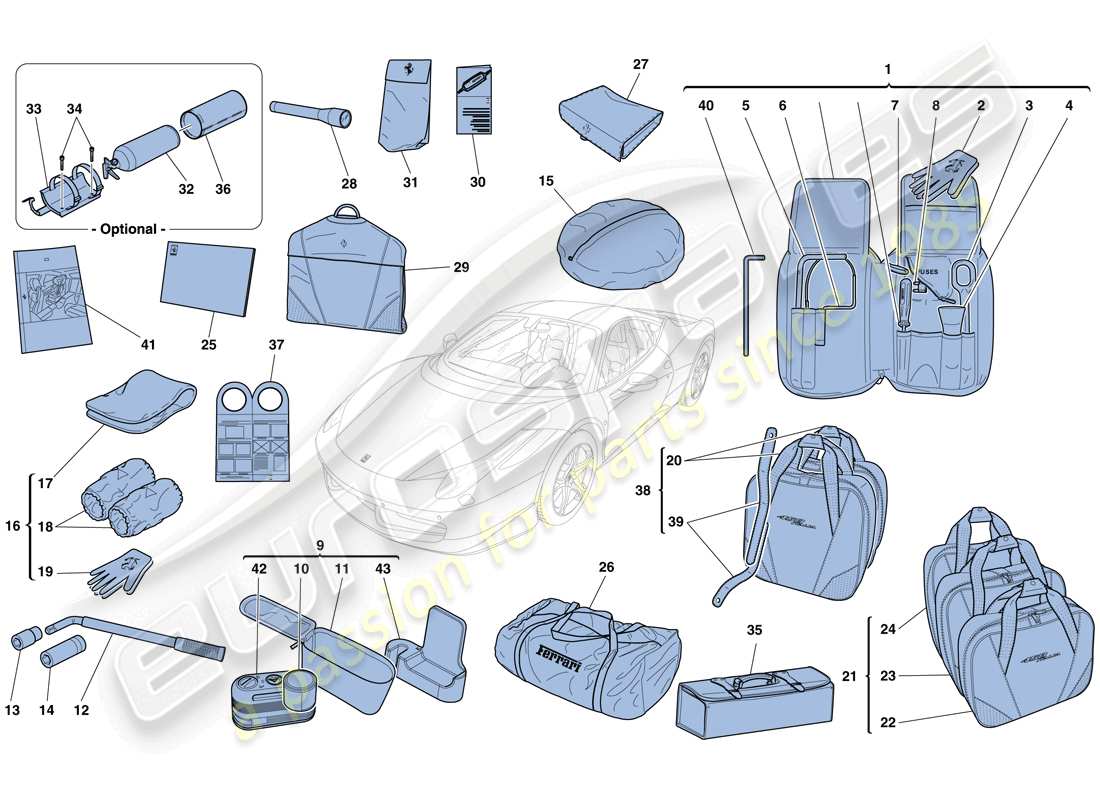 ferrari 458 italia (usa) herramientas y accesorios suministrados con el vehículo diagrama de piezas