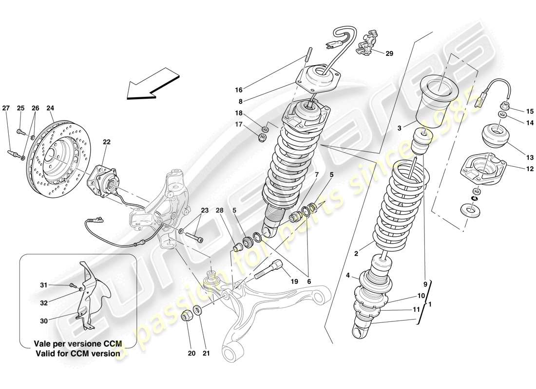 ferrari 612 scaglietti (rhd) suspensión delantera - amortiguador y disco de freno diagrama de piezas