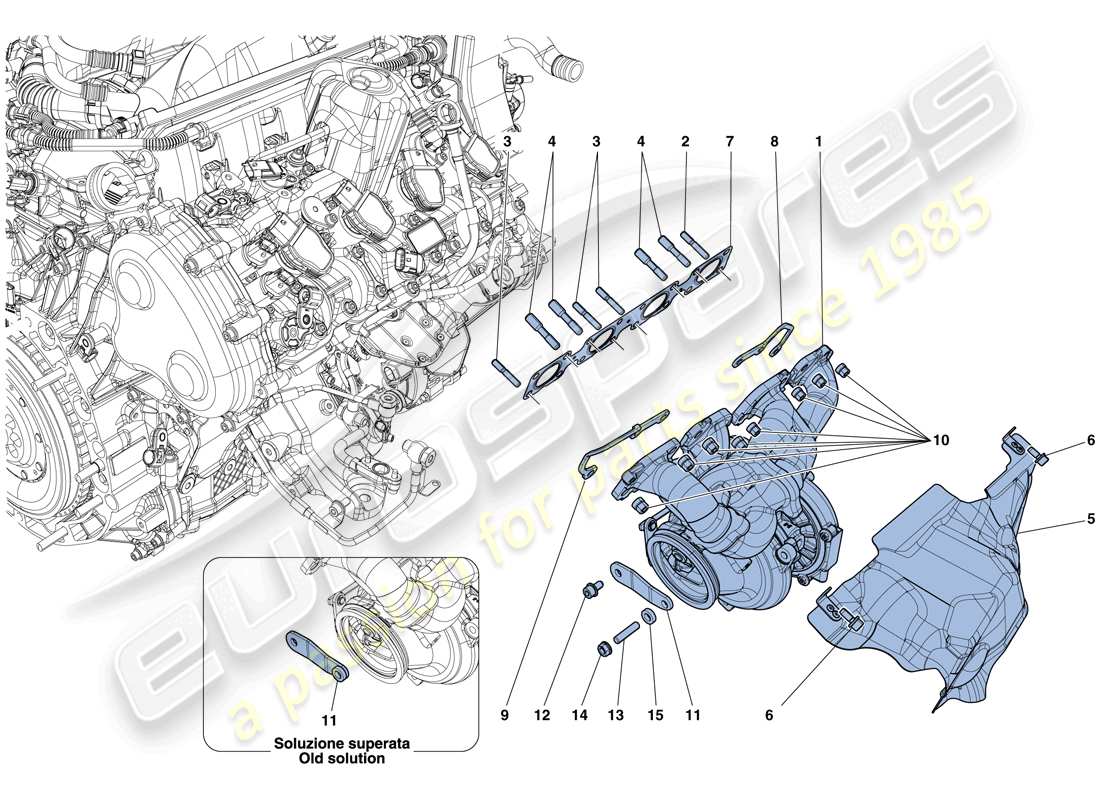 ferrari california t (rhd) colectores, sistema de turboalimentación y tuberías diagrama de piezas