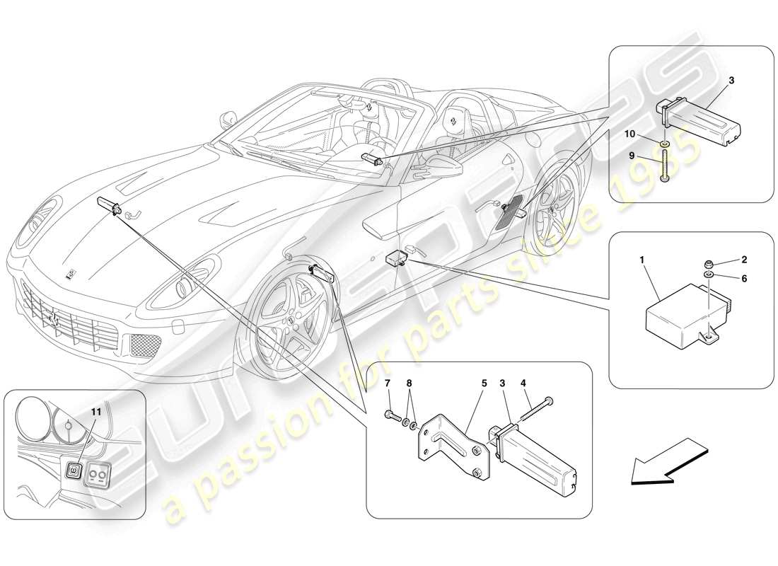 ferrari 599 sa aperta (rhd) sistema de control de presión de neumáticos diagrama de piezas