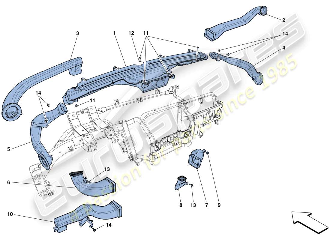 ferrari f12 tdf (rhd) conductos de aire del tablero diagrama de piezas