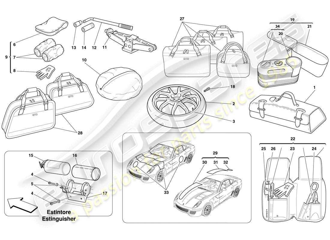 ferrari 599 gto (usa) herramientas proporcionadas con el vehículo diagrama de piezas