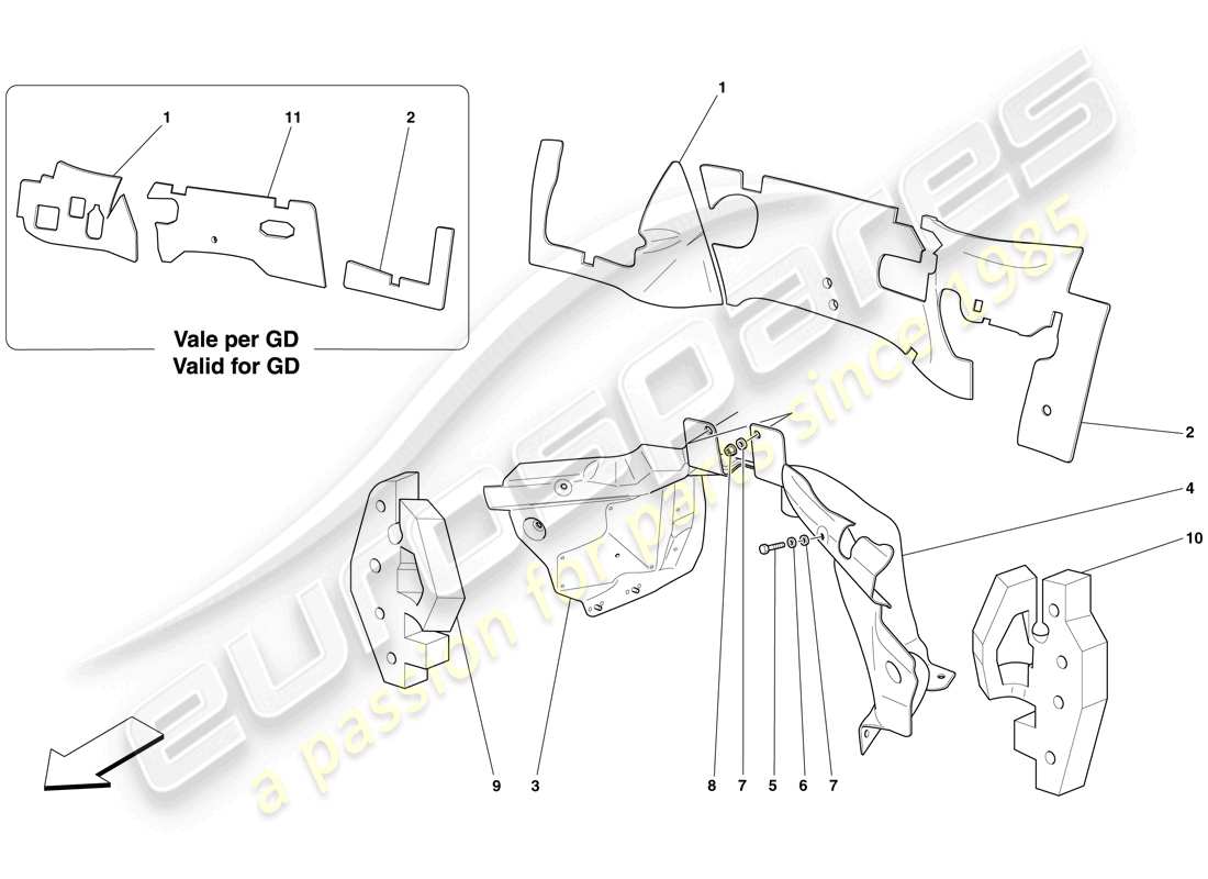 ferrari 599 sa aperta (usa) aislamiento del cortafuegos del compartimiento del motor diagrama de piezas