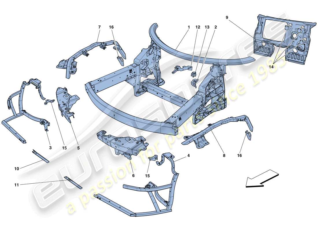 ferrari 458 speciale aperta (usa) chasis - estructura frontal completa y paneles diagrama de piezas