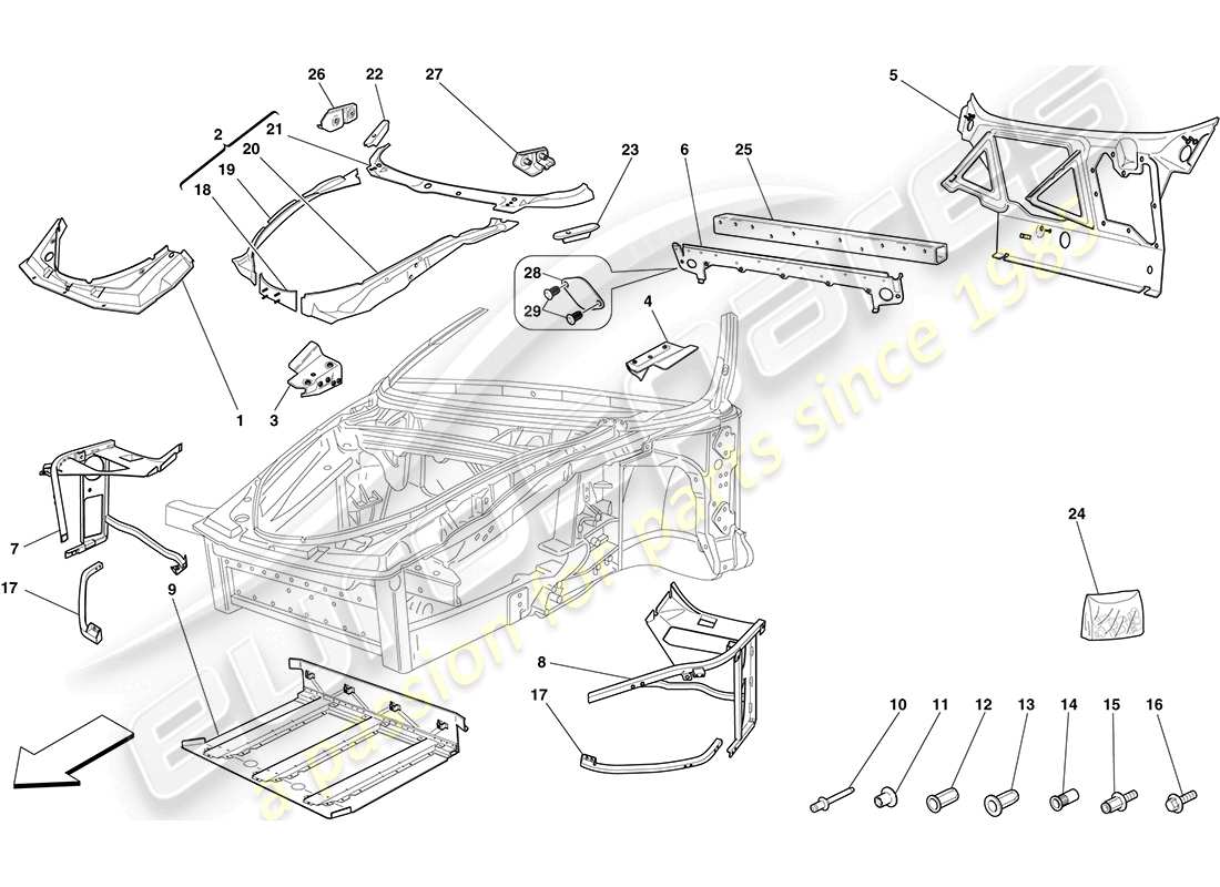 ferrari f430 coupe (rhd) chasis - estructura delantera completa y paneles diagrama de piezas