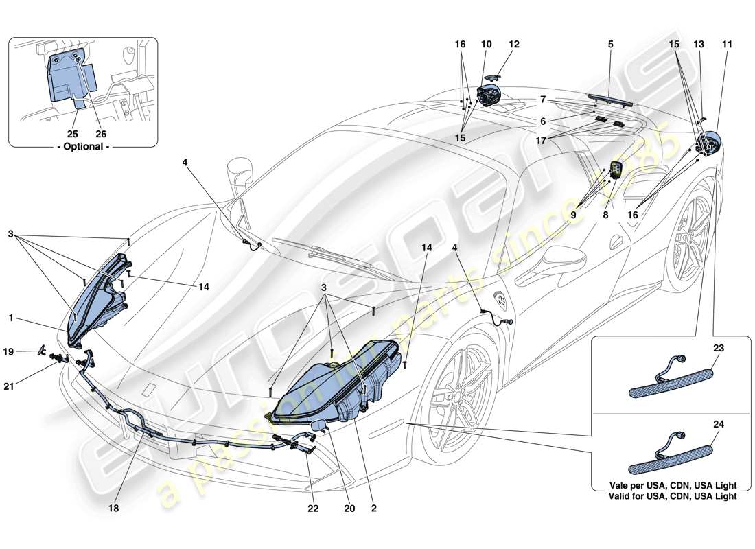 ferrari 488 spider (usa) diagrama de piezas de faros y luces traseras