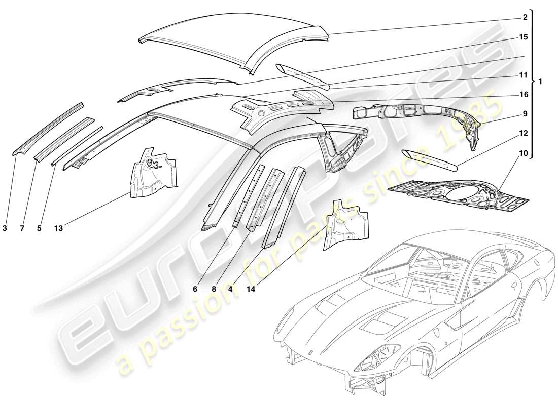 ferrari 599 gto (europe) carrocería - diagrama de piezas del techo