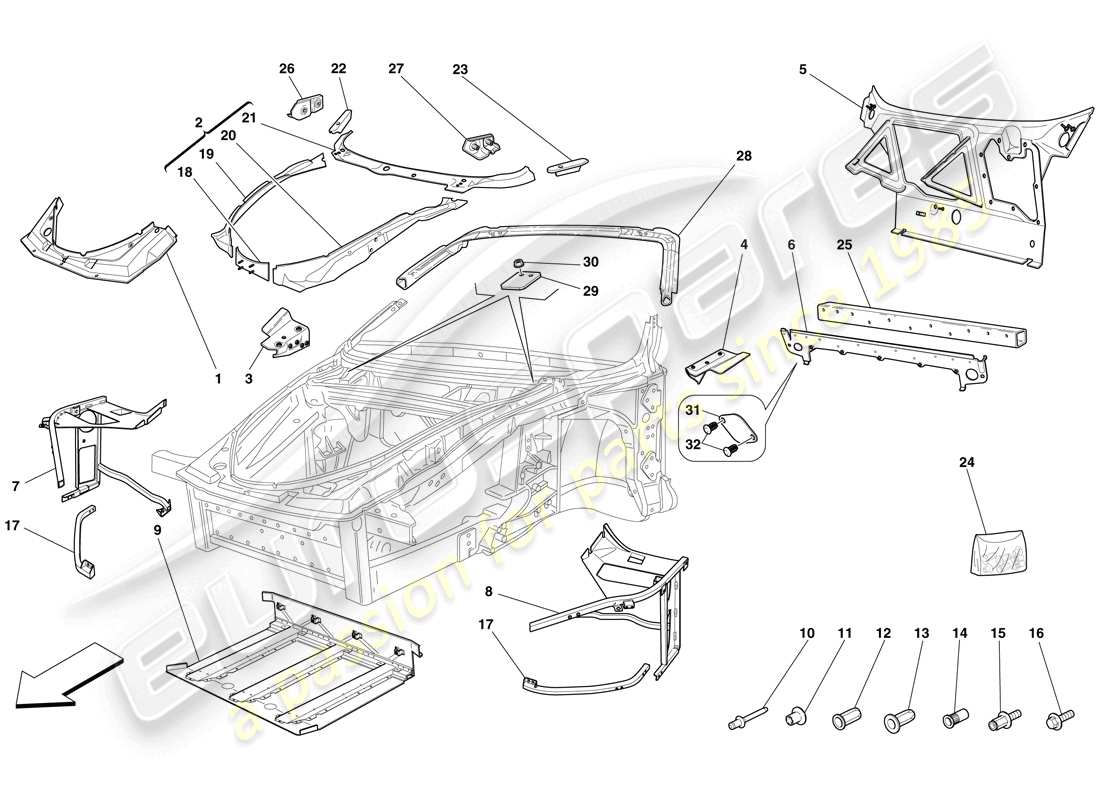 ferrari f430 spider (europe) chasis - estructura delantera completa y paneles diagrama de piezas