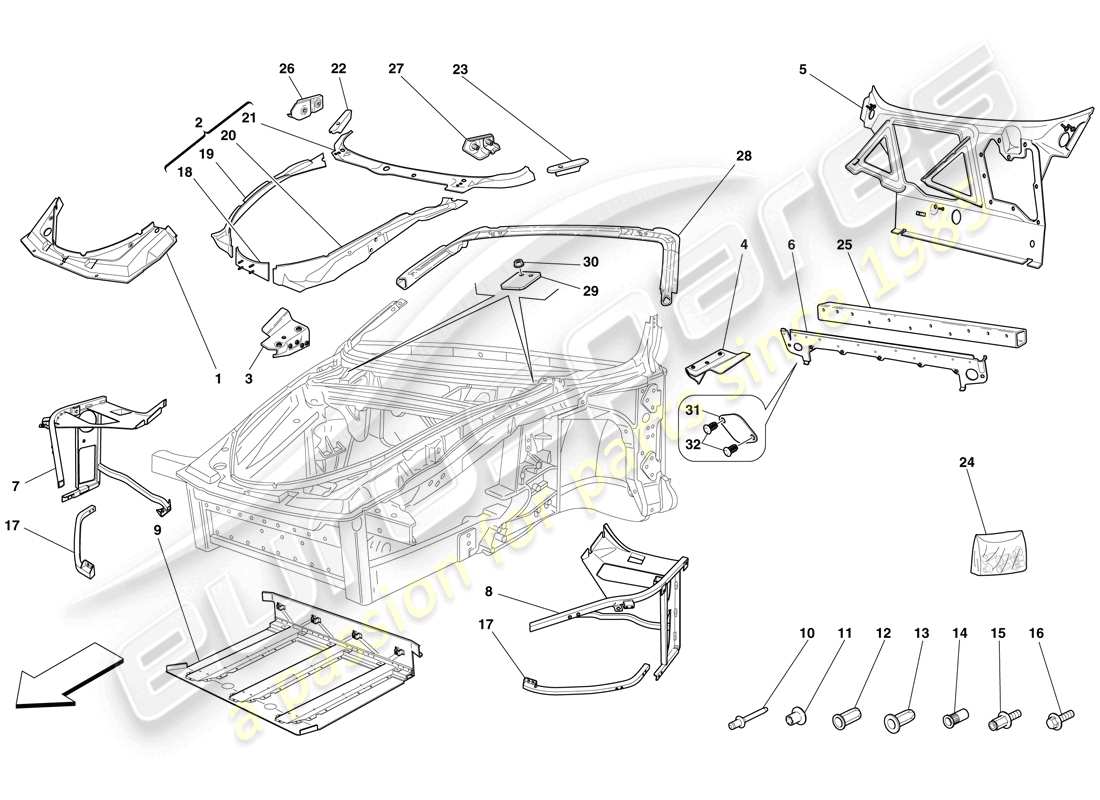 ferrari f430 spider (rhd) chasis - estructura delantera completa y paneles diagrama de piezas