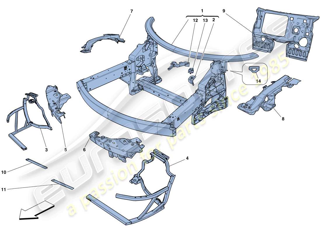 ferrari 458 spider (rhd) chasis - estructura delantera completa y paneles diagrama de piezas