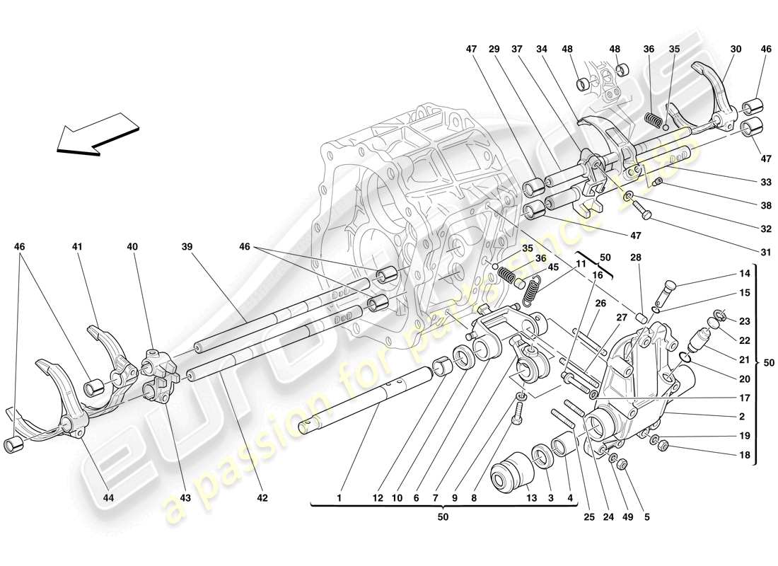 ferrari 612 scaglietti (rhd) controles internos de la caja de cambios diagrama de piezas