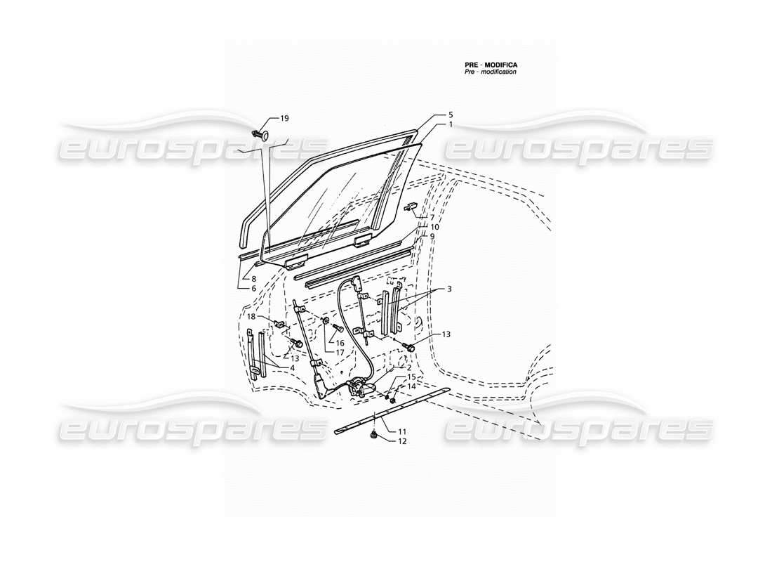maserati qtp. 3.2 v8 (1999) puertas traseras: diagrama de piezas de ventanas y reguladores (pre-modificación)