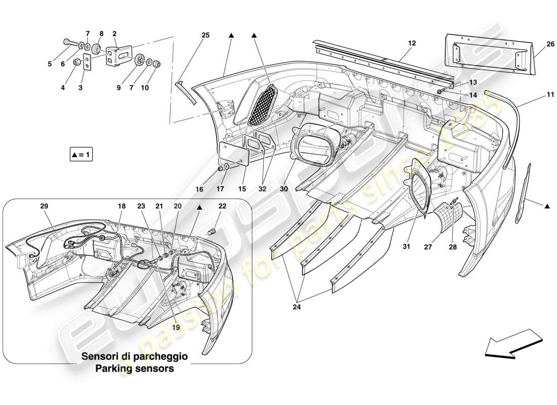 ferrari 599 gto (europe) diagrama de piezas del parachoques trasero