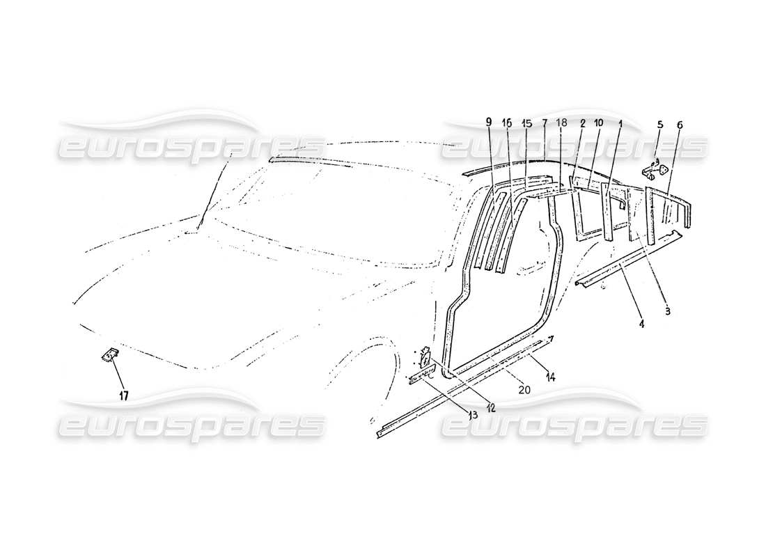 ferrari 365 gt 2+2 (coachwork) diagrama de piezas de molduras de vidrio y sellos de puertas del cuarto trasero