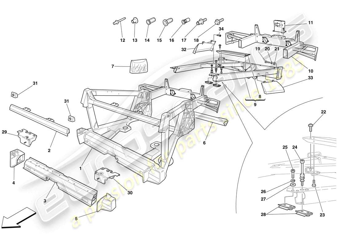 ferrari f430 scuderia (europe) chasis - estructura, elementos traseros y paneles esquema de piezas