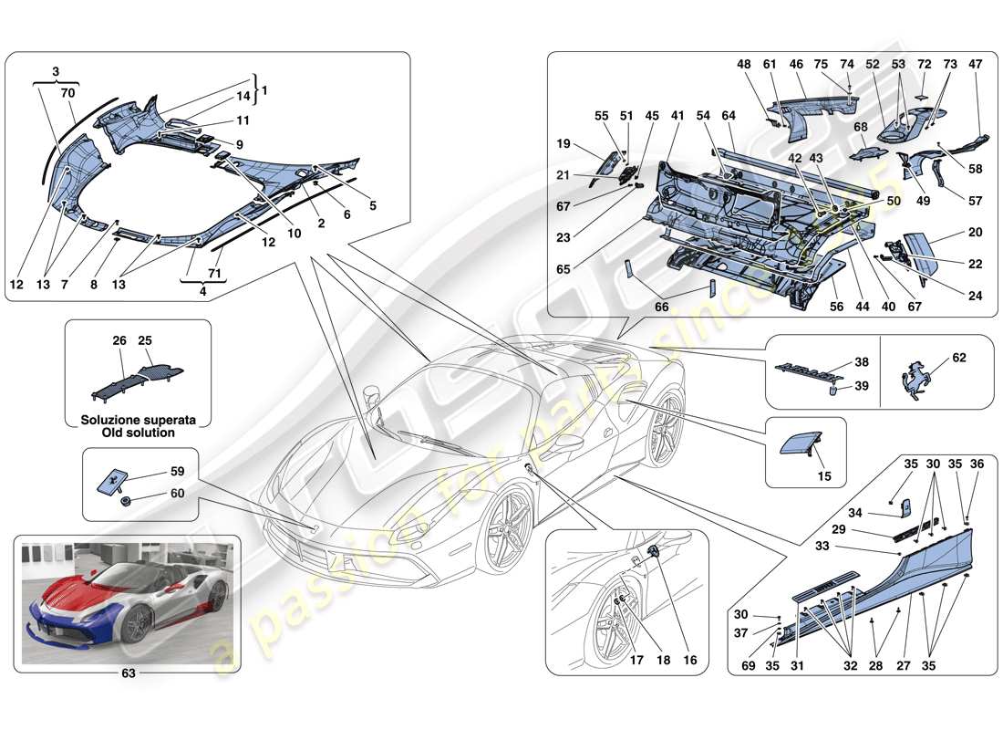 ferrari 488 spider (usa) escudos - acabado externo diagrama de piezas