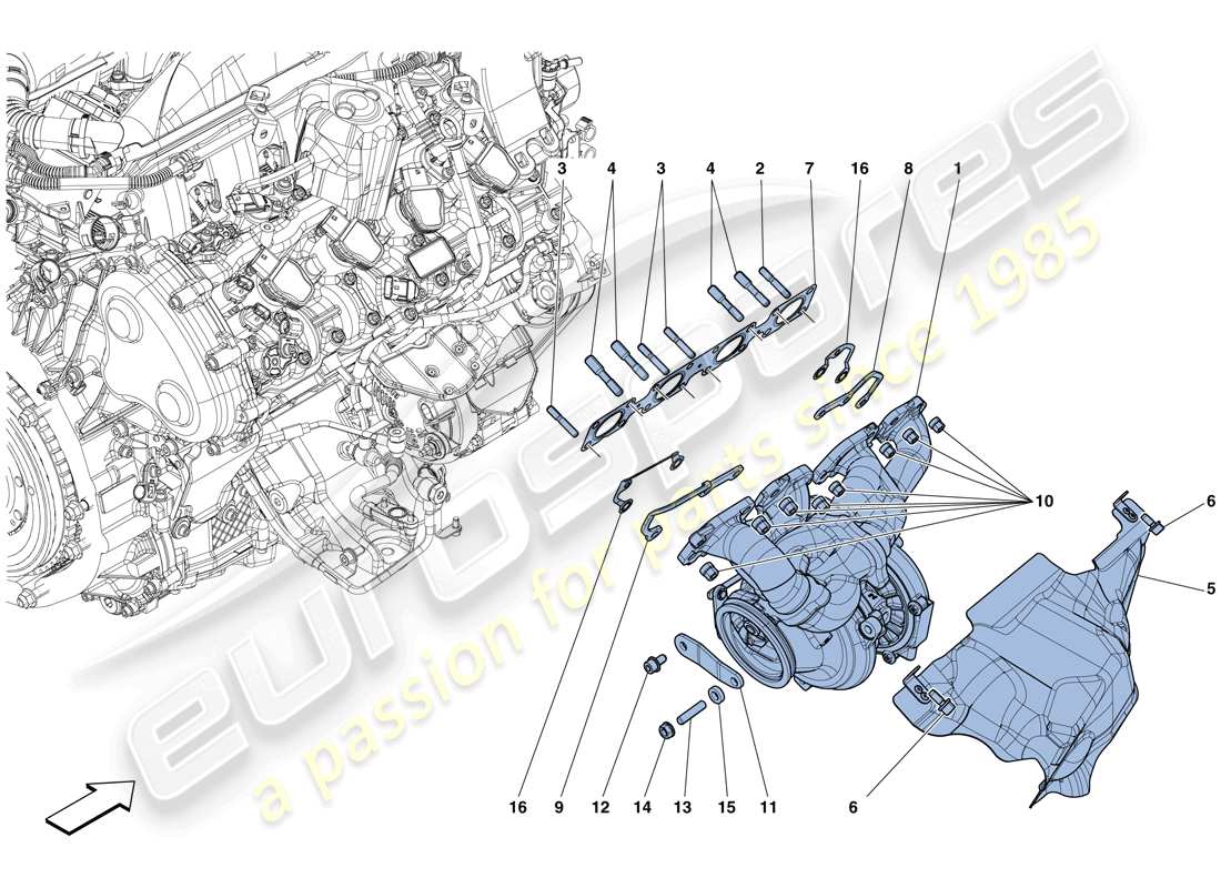 ferrari gtc4 lusso t (rhd) colectores, sistema de turboalimentación y tuberías diagrama de piezas