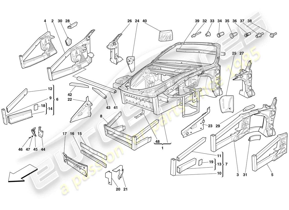 ferrari f430 spider (europe) chasis - estructura, elementos frontales y paneles diagrama de piezas