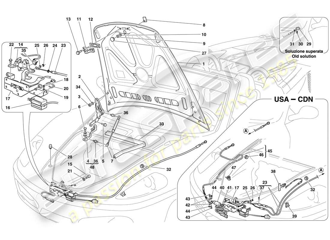 ferrari f430 spider (rhd) tapa frontal y mecanismo de apertura diagrama de piezas