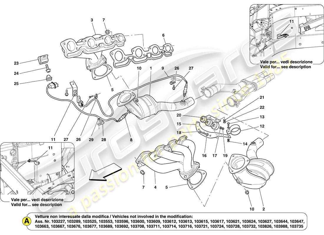ferrari california (usa) convertidores precatalíticos y convertidores catalíticos. diagrama de piezas