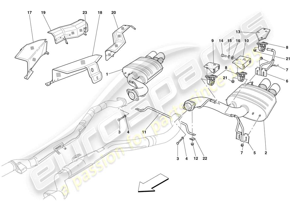 ferrari 599 gto (rhd) sistema de escape trasero diagrama de piezas