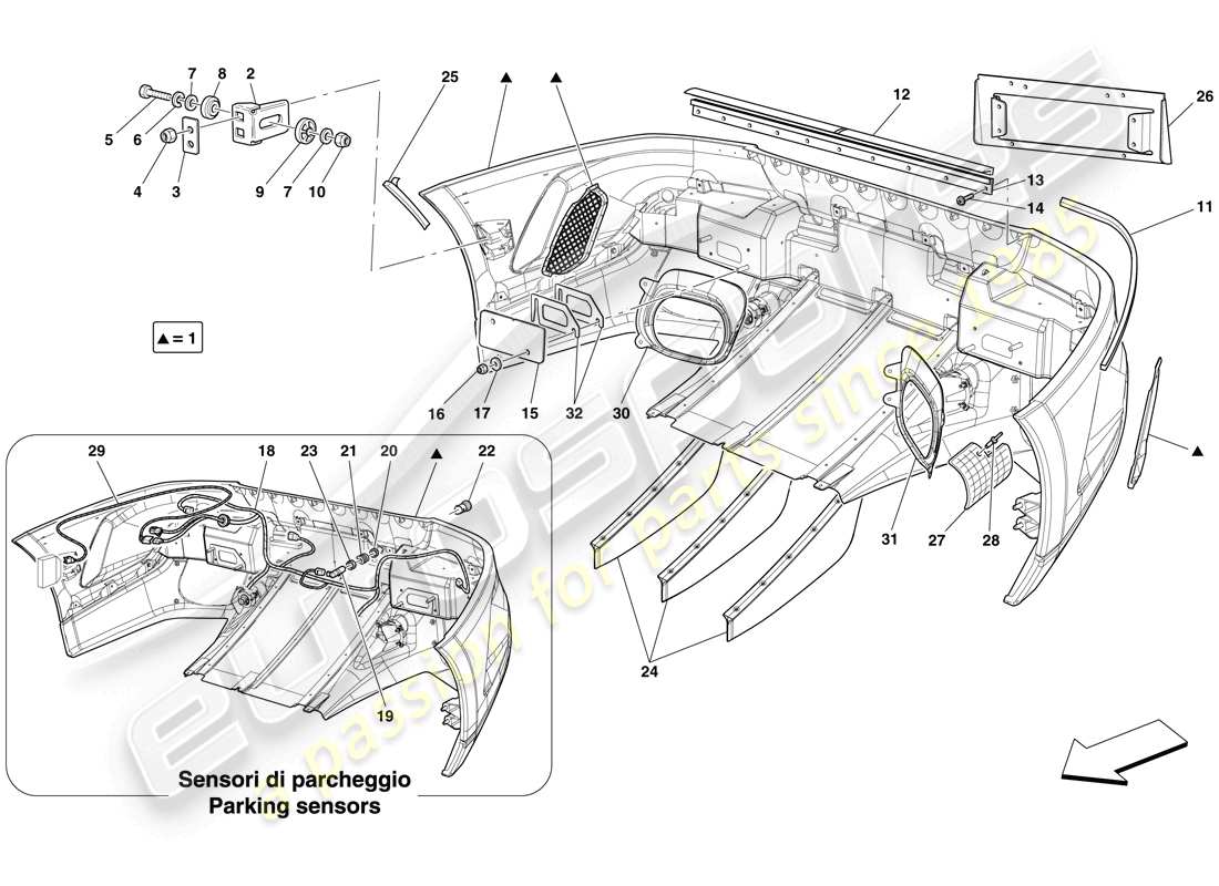 ferrari 599 gto (rhd) parachoques trasero diagrama de piezas