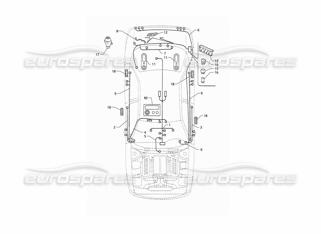 maserati qtp v8 (1998) sistema eléctrico: diagrama de piezas del maletero, puertas y compartimento de pasajeros (lhd)
