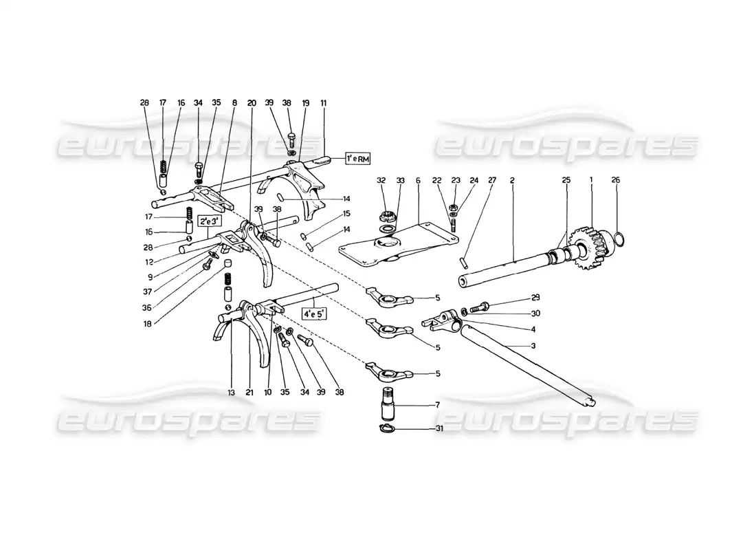 ferrari 246 dino (1975) controles internos de la caja de cambios diagrama de piezas