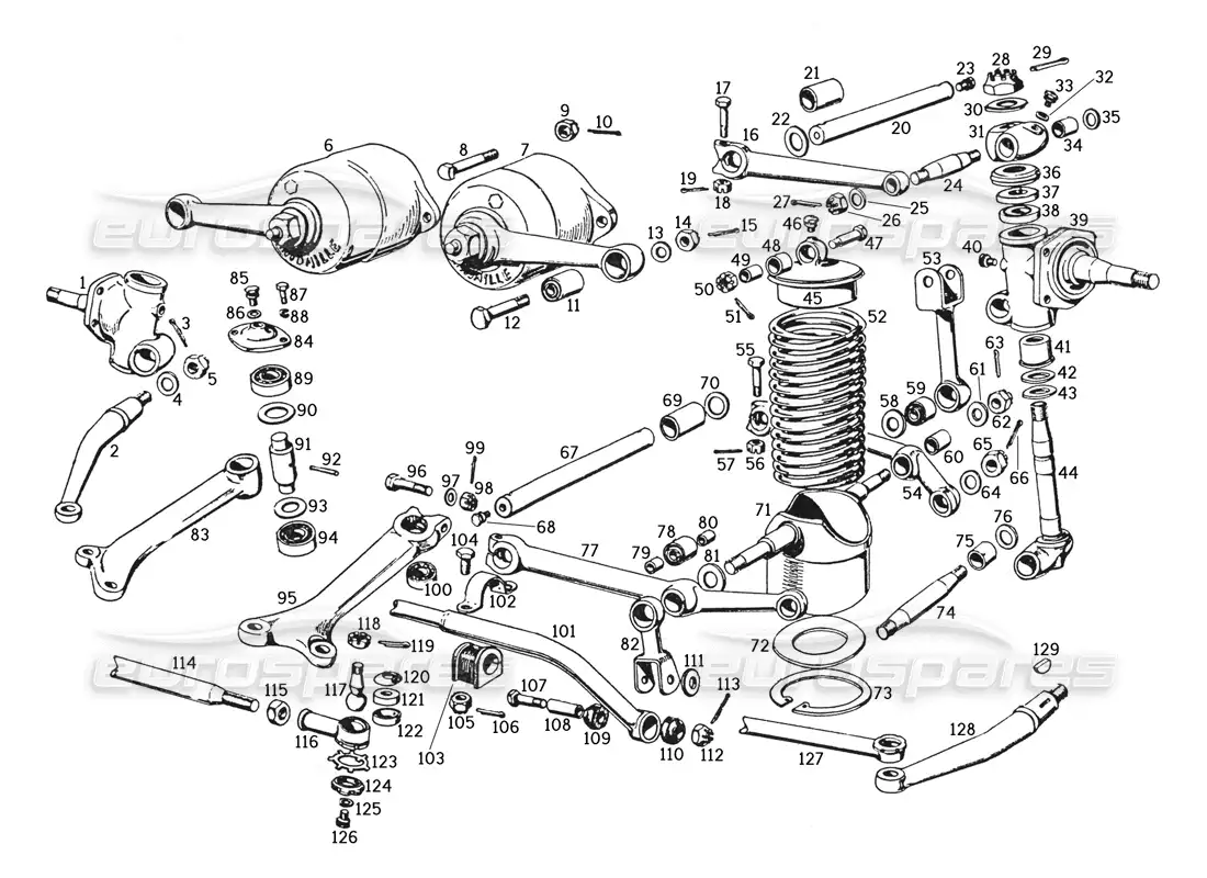 ferrari 250 gte (1957) suspensión delantera y varillaje de dirección diagrama de piezas