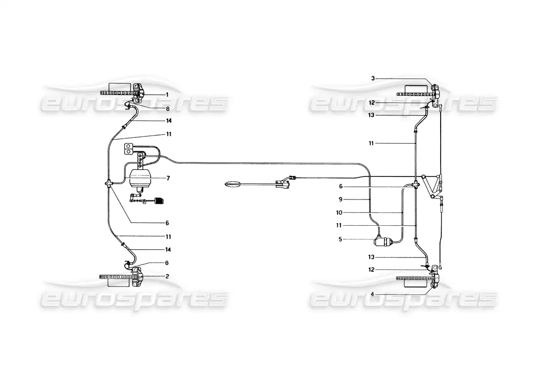 ferrari 246 dino (1975) sistema hidráulico de frenos sobre ruedas diagrama de piezas