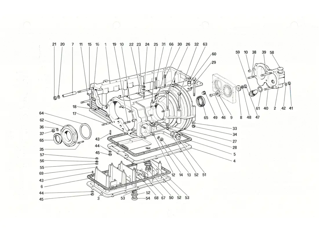 ferrari 208 gtb gts caja de cambios -carcasa del diferencial y cárter de aceite diagrama de piezas