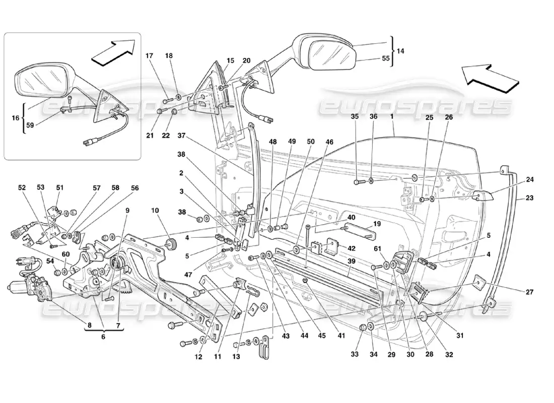 ferrari 360 challenge stradale puertas: ventana eléctrica y espejo retrovisor diagrama de piezas