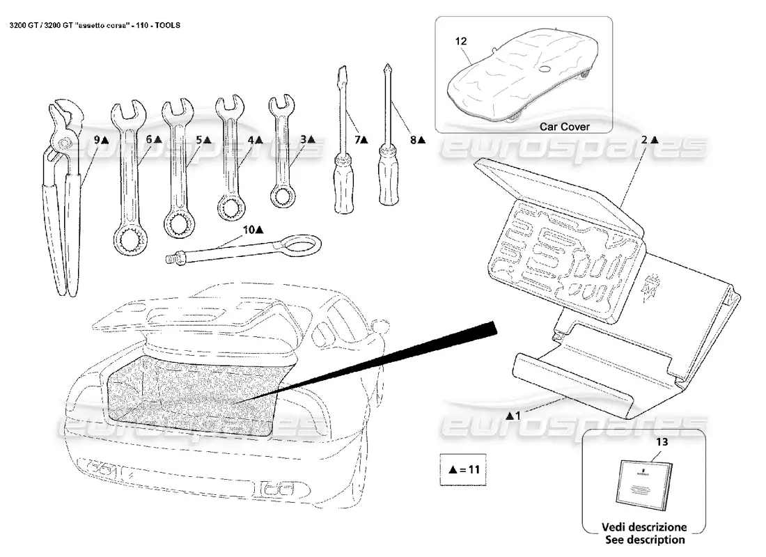 maserati 3200 gt/gta/assetto corsa herramientas y funda para coche. diagrama de piezas