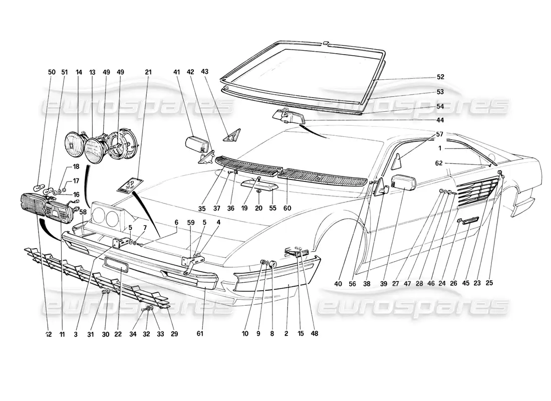 ferrari mondial 8 (1981) diagrama de piezas de parachoques, faros y cristales delanteros