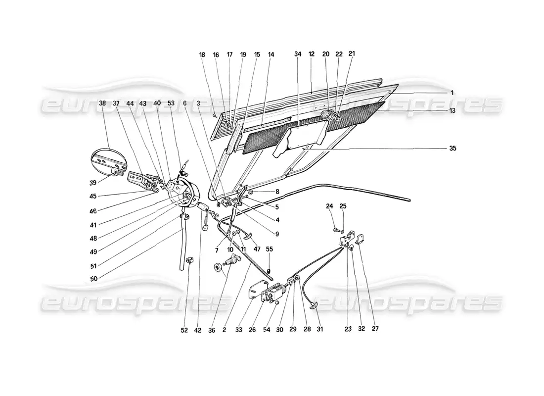ferrari mondial 8 (1981) diagrama de piezas de la tapa del compartimiento del motor y la alfombra
