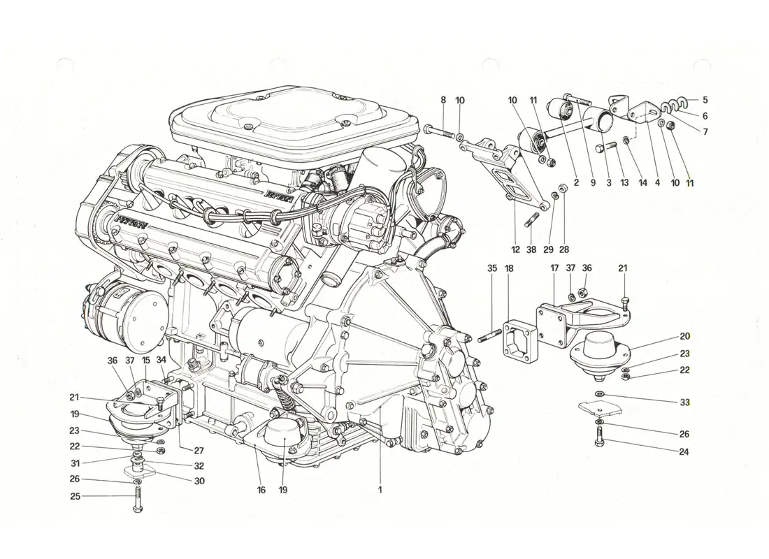 ferrari 208 gtb gts motor - caja de cambios y soportes diagrama de piezas
