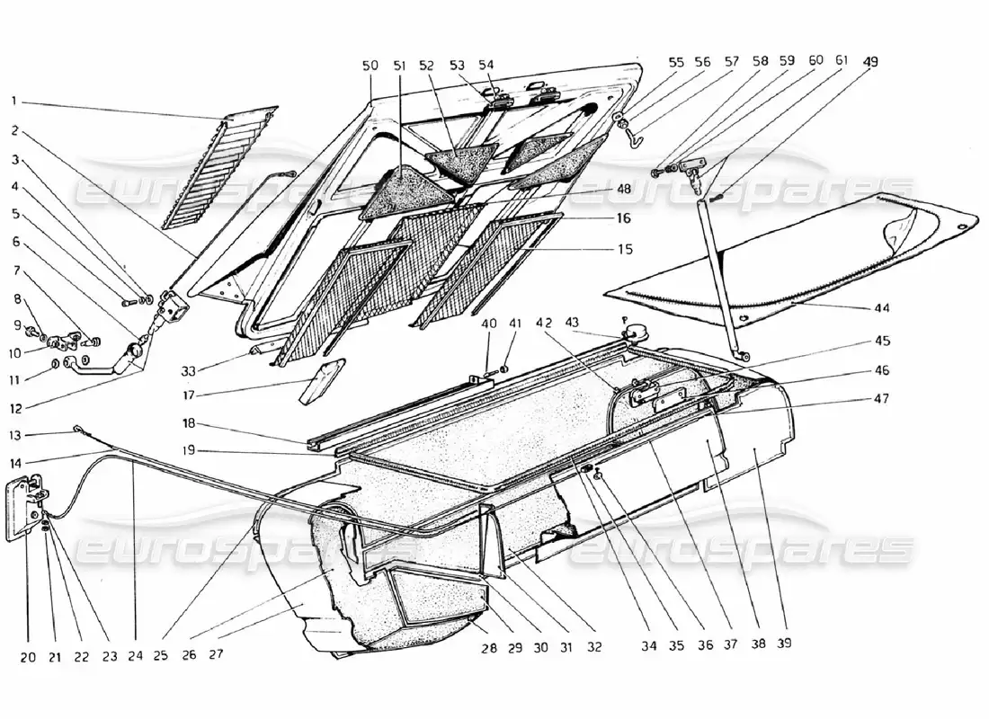 ferrari 308 gtb (1976) cubierta del capó trasero y del maletero diagrama de piezas