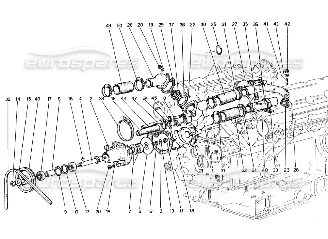 ferrari 308 gtb (1976) bomba de agua y tuberías diagrama de piezas