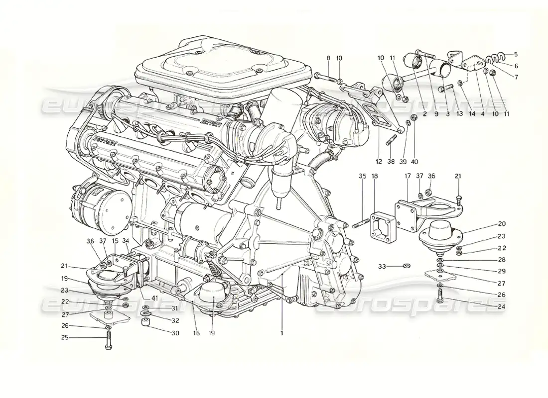 ferrari 308 gt4 dino (1976) motor - caja de cambios y soportes diagrama de piezas