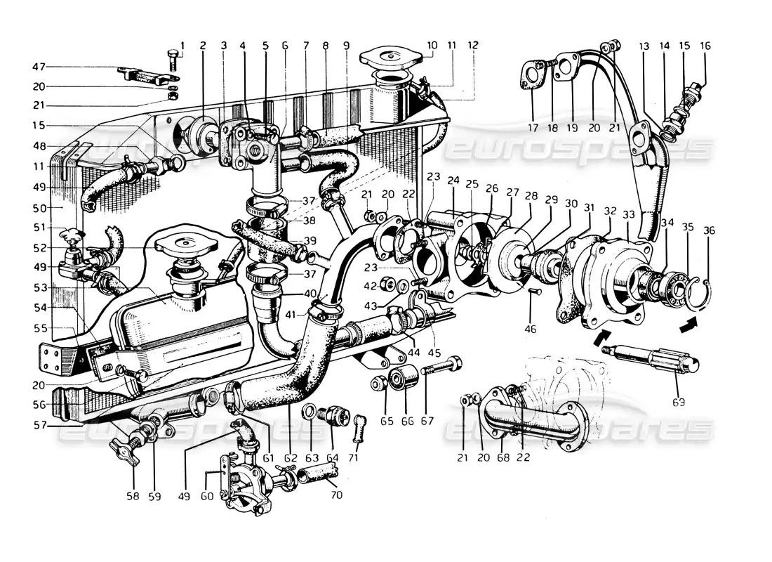 ferrari 275 gtb/gts 2 cam radiador de agua y bomba de agua diagrama de piezas