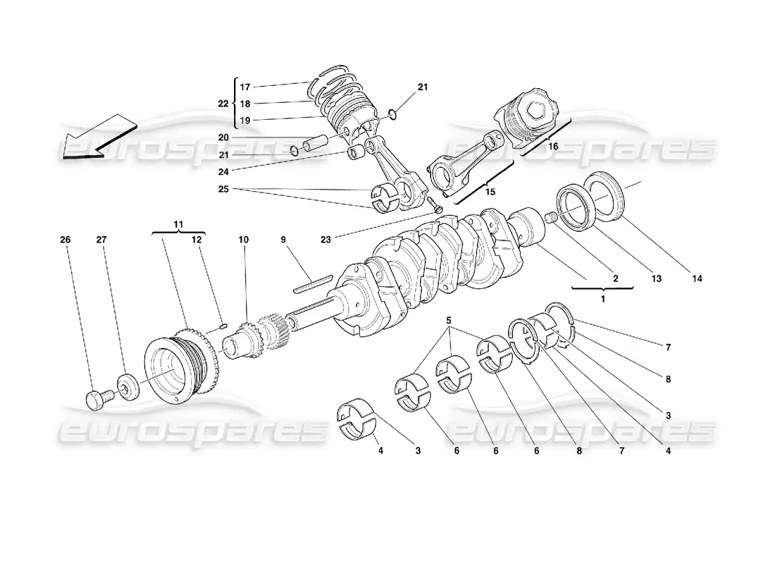 ferrari 355 (2.7 motronic) cigüeñal, bielas y pistones diagrama de piezas