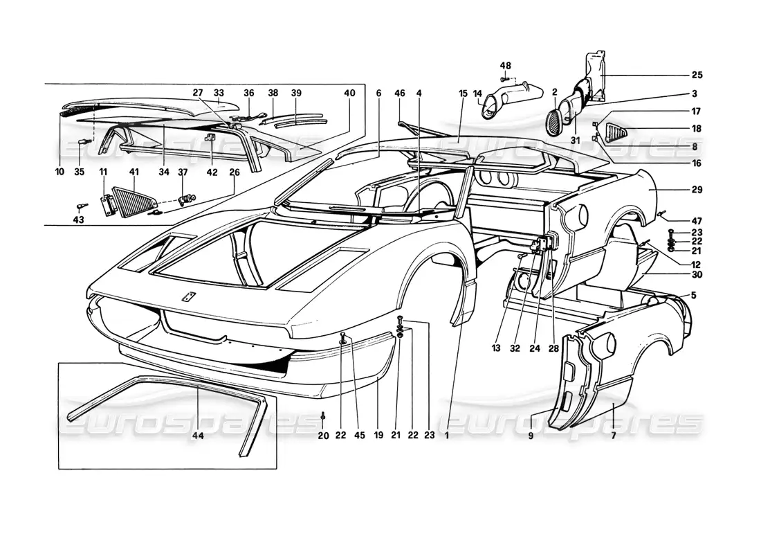 ferrari 308 gtb (1980) carrocería - elementos exteriores diagrama de piezas