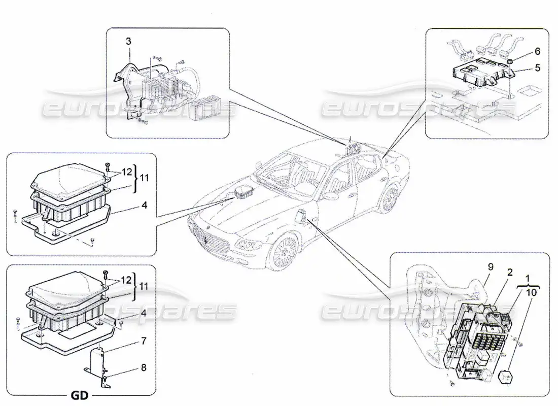 maserati qtp. (2010) 4.7 relés, fusibles y cajas diagrama de piezas