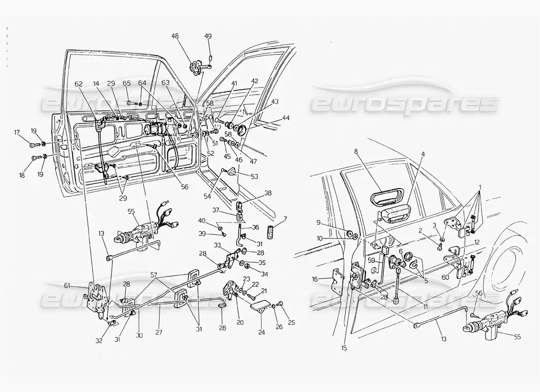 maserati 228 puertas: diagrama de piezas de bisagras y controles internos
