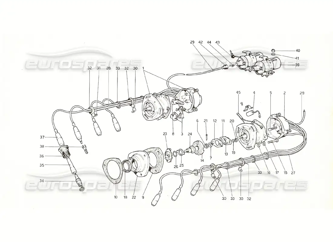 ferrari 308 gt4 dino (1976) encendido del motor (2 distribuidores) diagrama de piezas