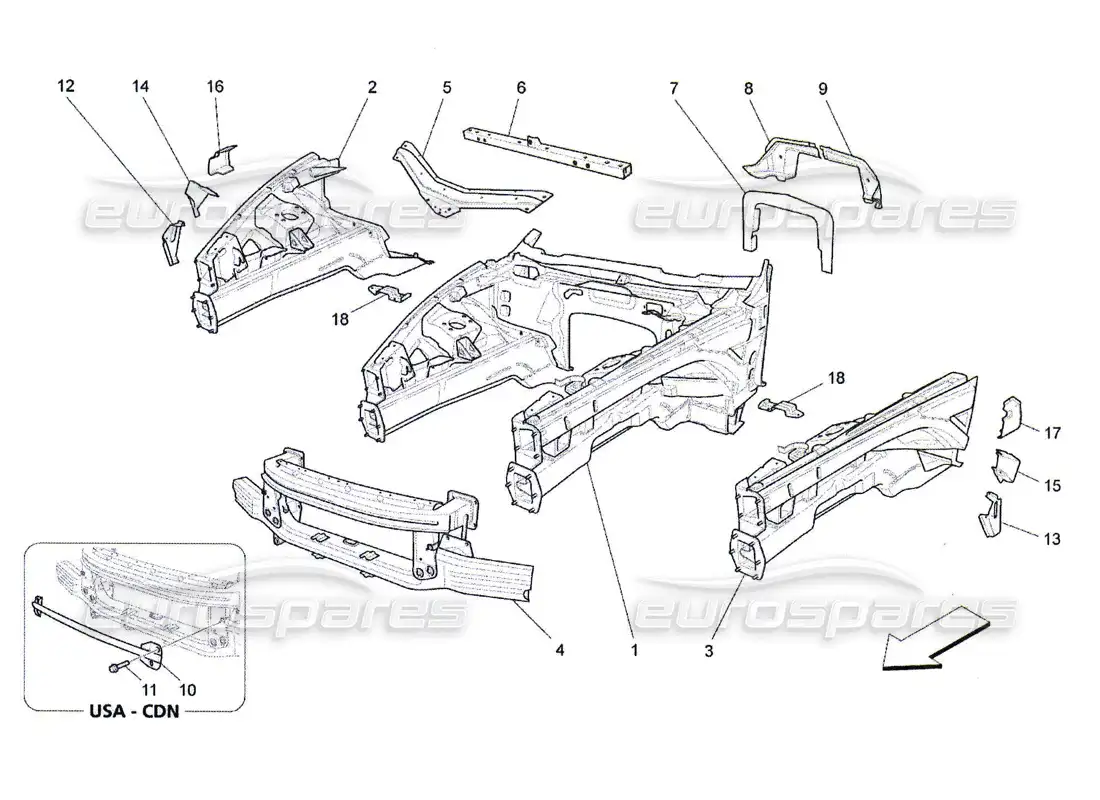 maserati qtp. (2010) 4.7 marcos estructurales frontales y paneles de chapa diagrama de piezas