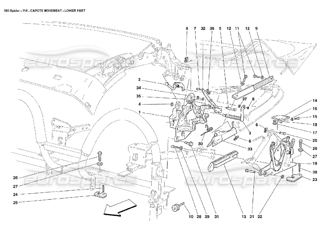ferrari 360 spider movimiento capote - parte inferior diagrama de piezas