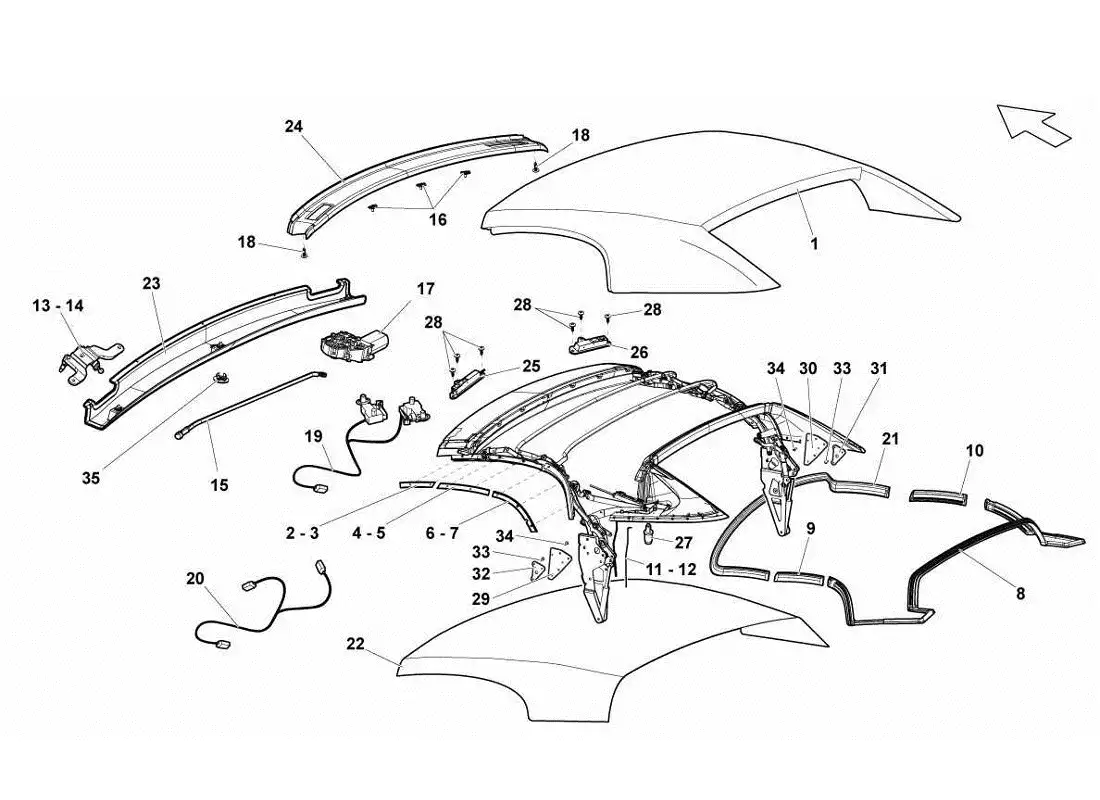 lamborghini gallardo lp560-4s update techo blando con panel de techo - componentes diagrama de piezas